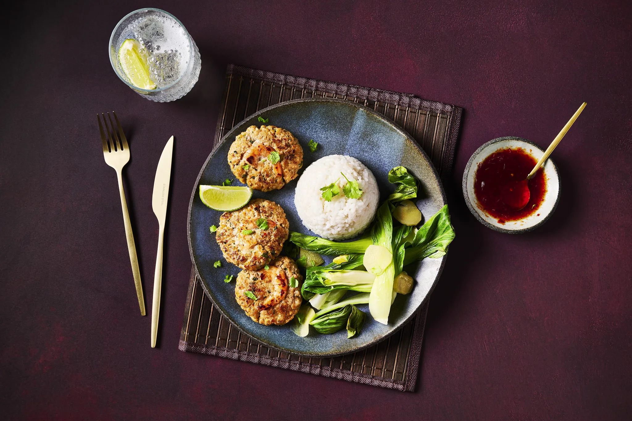Recette Thai Style Pork Prawn Cakes With Coconut Rice Pak Choi